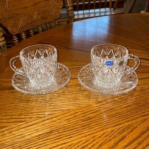 Vintage Bohemia Crystal Lead Crystal Over 24% PbO 2 Cups with 2 Saucers
